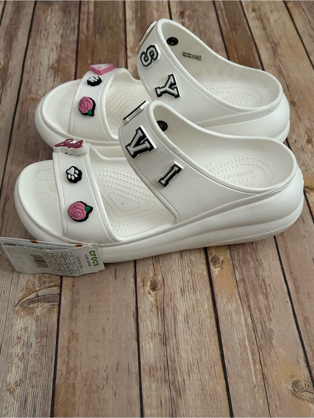 CROCS White Crush Sandal with Pink Rose, Barbie & Black Paw Charms | Size 10 - Picture 6 of 10